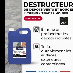 Destructeur de dépôts verts, rouges, lichens et traces noires prêt à l'emploi pour toitures, murs et sols extérieurs