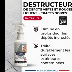 Destructeur de dépôts verts, rouges, lichens et traces noires prêt à l'emploi pour toitures, murs et sols extérieurs