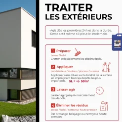 Destructeur de dépôts verts, rouges, lichens et traces noires prêt à l'emploi pour toitures, murs et sols extérieurs