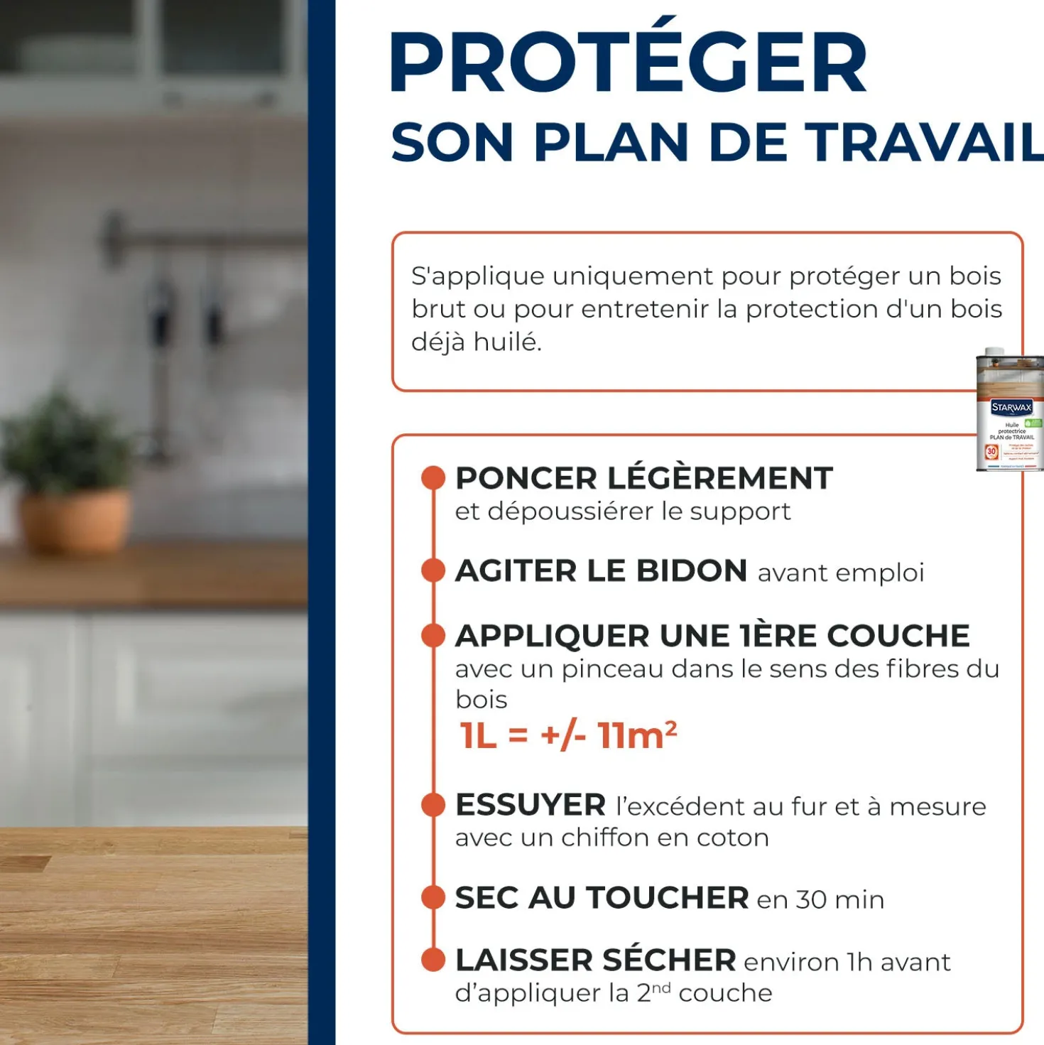 Huile protectrice pour plan de travail en bois huilé