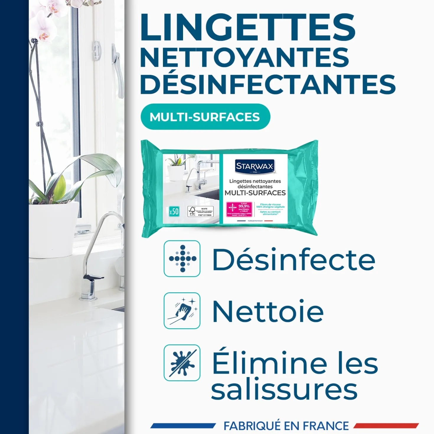 Lingettes nettoyantes désinfectantes multi-surfaces