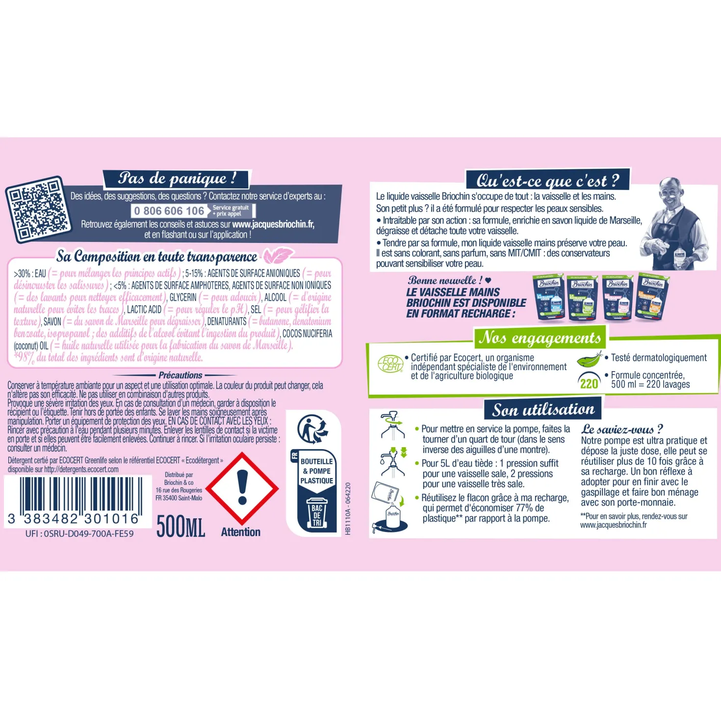 Liquide Vaisselle Mains sans parfum spécial Peaux sensibles