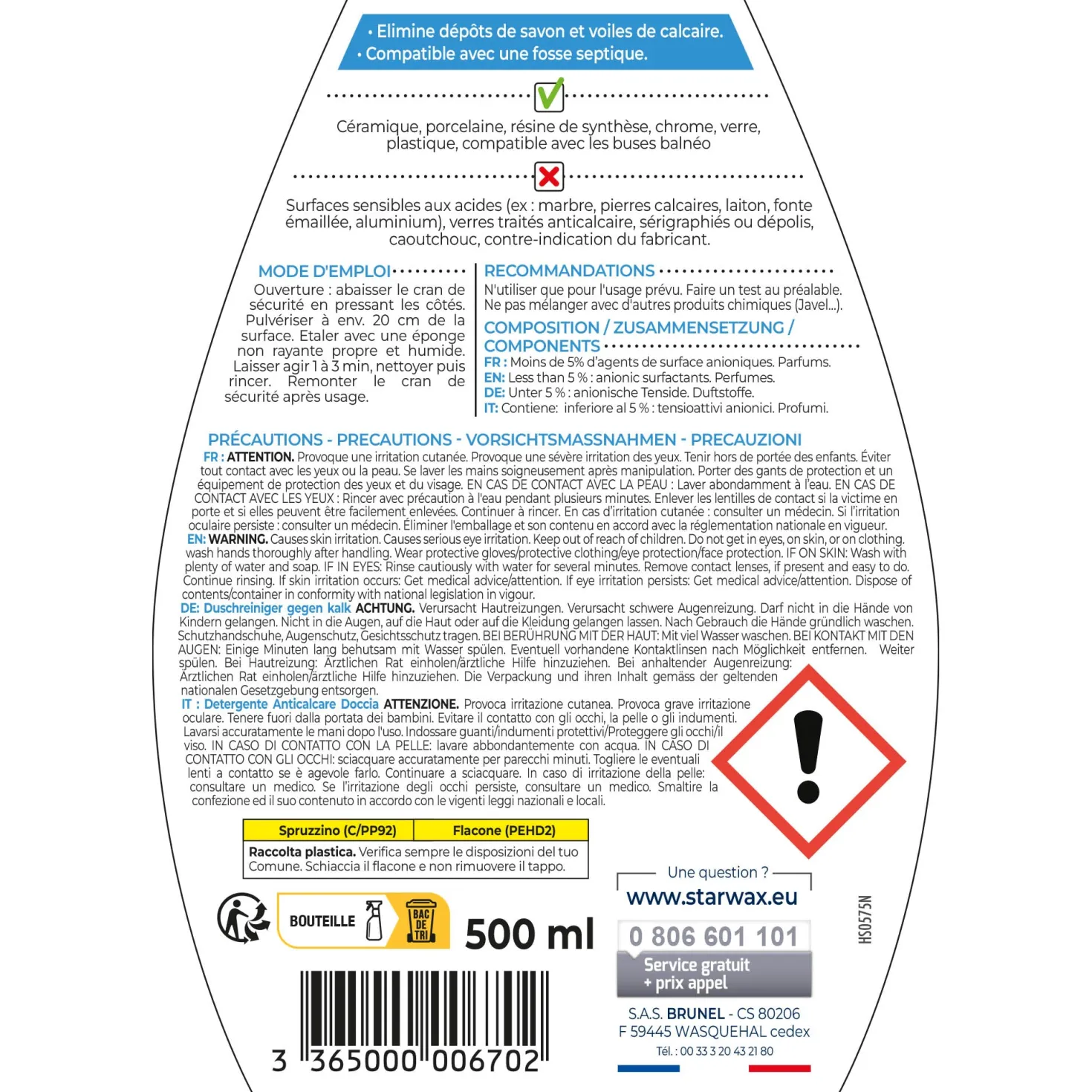 Nettoyant anti-calcaire pour cabine de douche