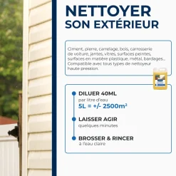 Nettoyant décrassant pour toitures, murs, et sols extérieurs