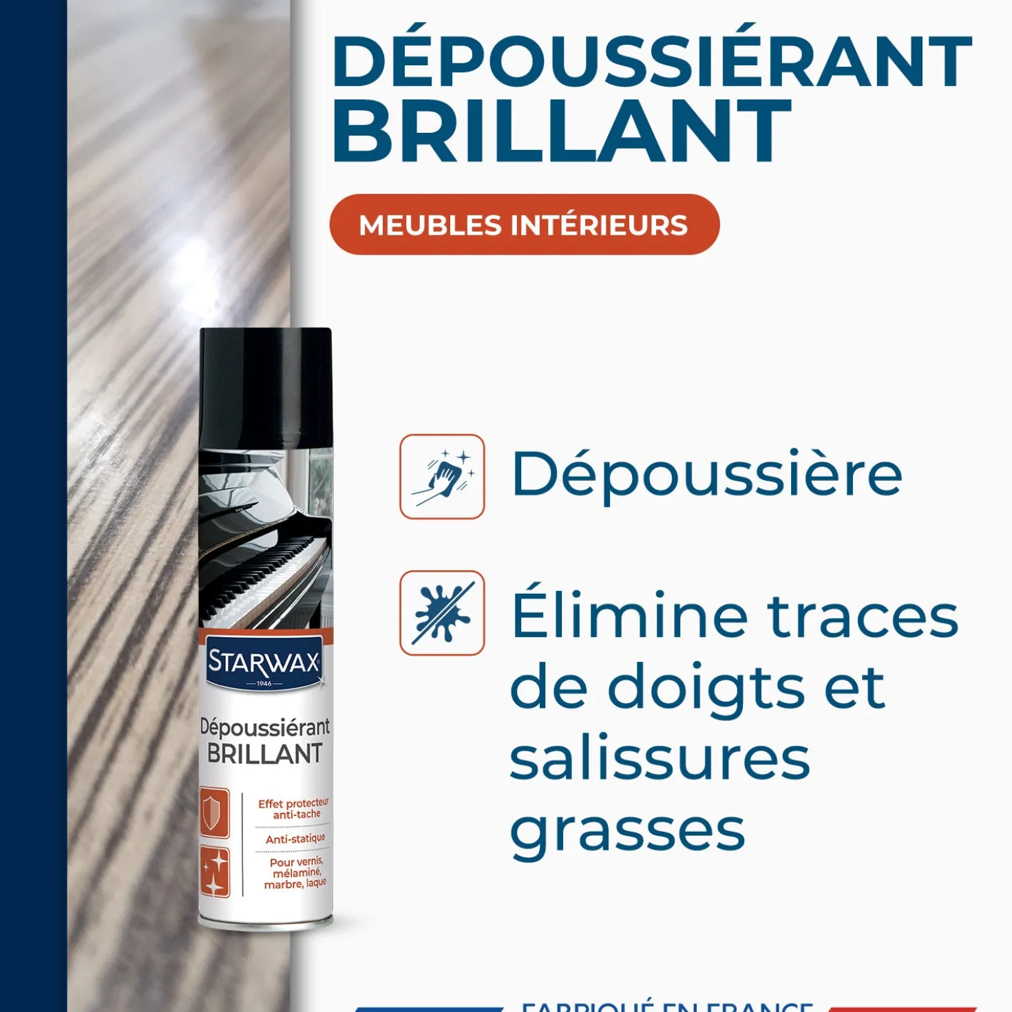 Nettoyant dépoussiérant brillant pour mobilier intérieur