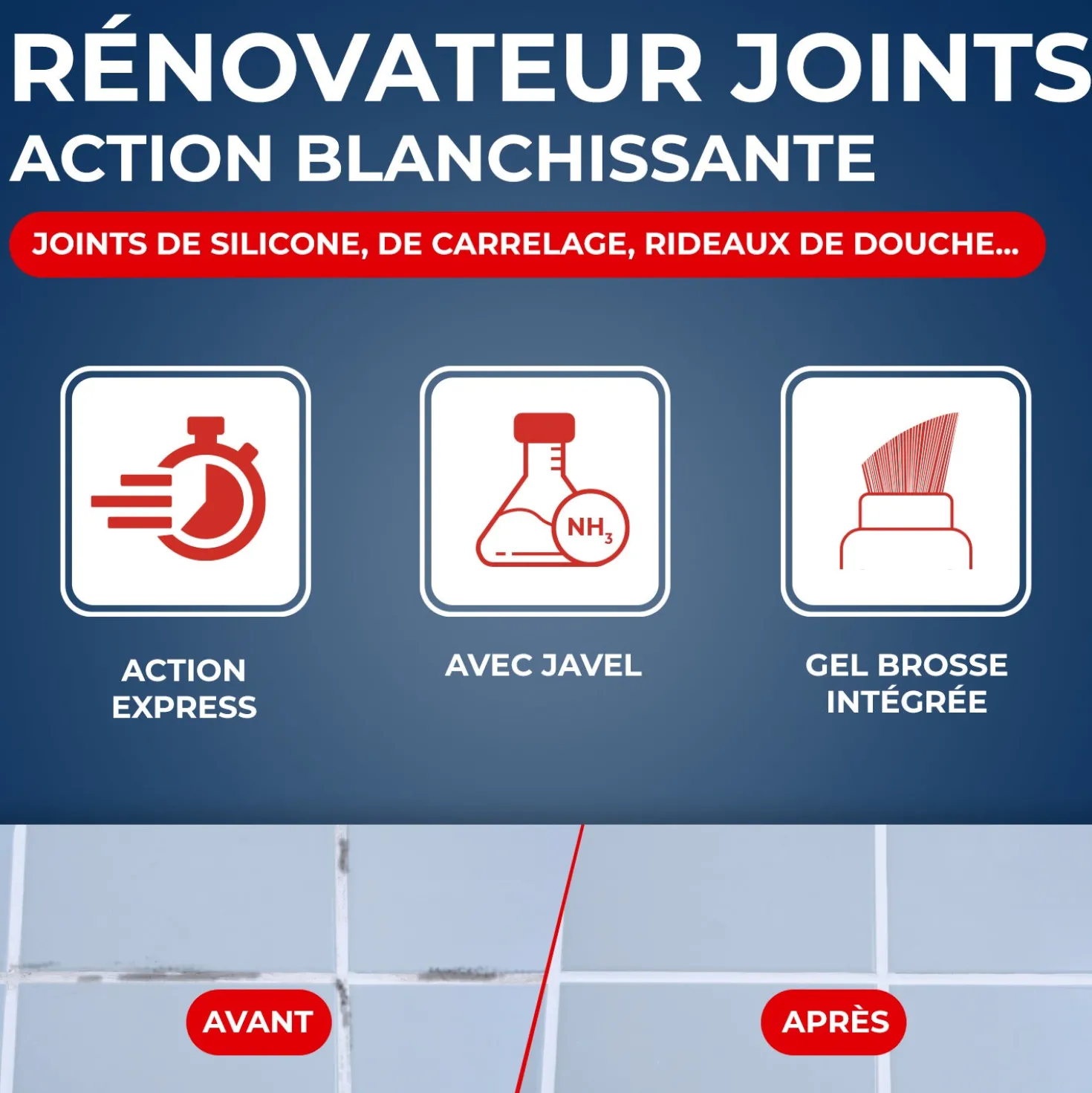 Rénovateur joints - action blanchissante avec Javel - Gel avec brosse intégrée